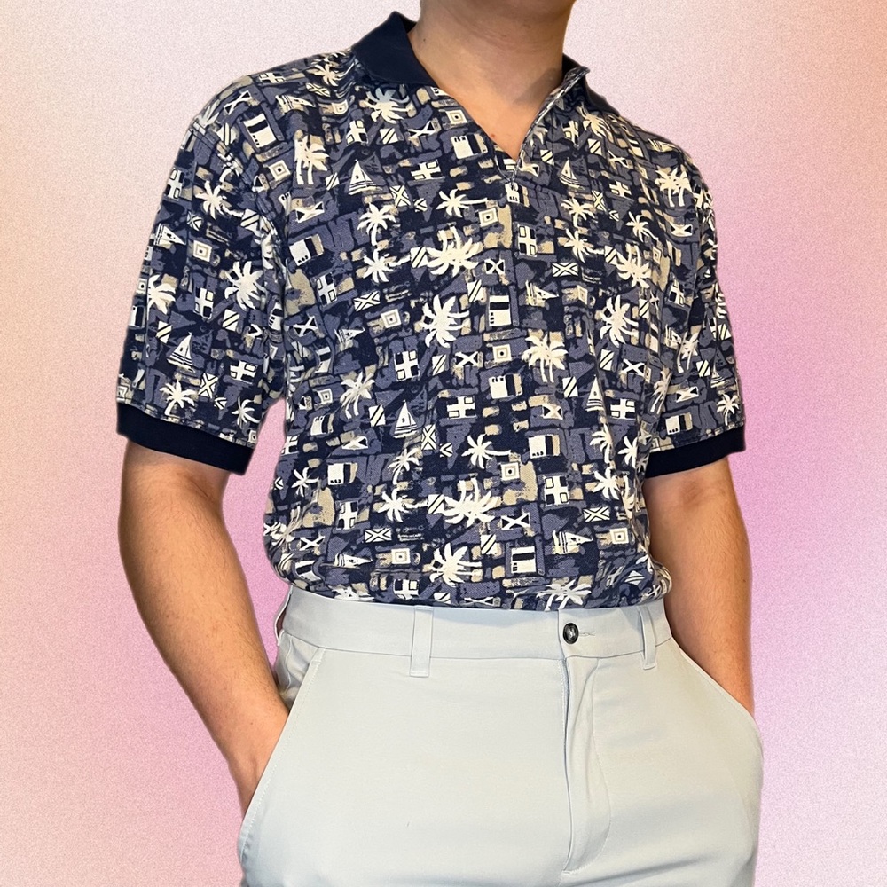 Cherokee Brand Vintage Tropical Polo Shirt Blue/Cream Medium